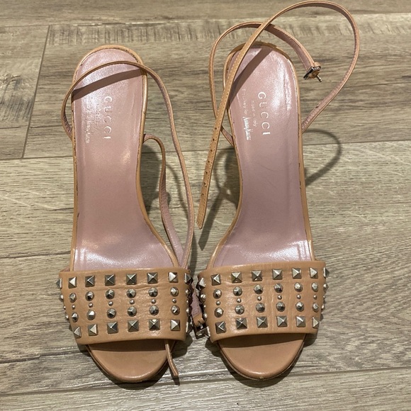 Gucci Shoes - Gucci Nude Studded Ankle Strap Heels